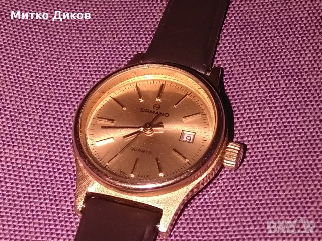 Ermano Swiss made Quartz-швейцарски часовник с датник 10микрона златно покритие кутия, снимка 1 - Дамски - 24444569