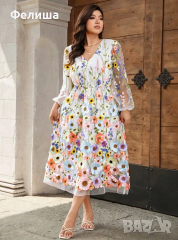 Бутикова Елегантна Ванилово Бяла Дантелена Бродирана Рокля с 3Д Пастелни Цветя и Шик Буфан Ръкав , снимка 6 - Рокли - 50812292