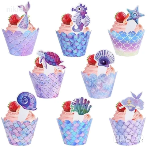 Опашка Русалка мида морска звезда 10 бр топери и декори за кошнички украса за мъфини кексчета парти, снимка 5 - Други - 30353873