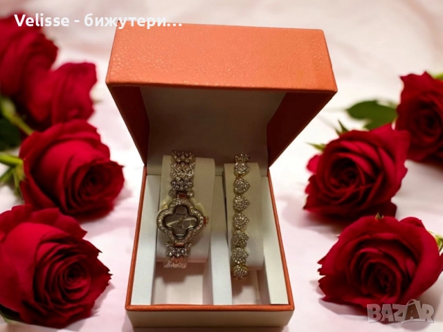 Комплект часовник + гривна – Луксозен стил с камъни Налични 5 варианта , снимка 3 - Бижутерийни комплекти - 52921533