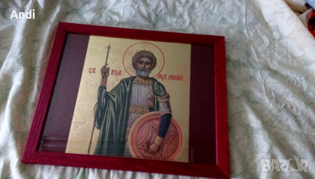 Икона на Свети вкм. Мина, репродукция с дървена рамка и стъкло, снимка 4 - Икони - 52777998