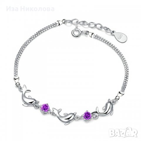 Сребърна гривна делфини със сапфири, снимка 2 - Гривни - 39446423