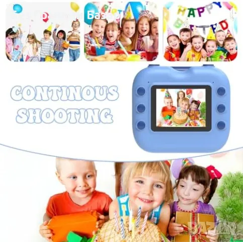 Нов син Детски фотоапарат с моментен печат, 180° камера + 32GB карта, снимка 4 - Други - 50289643