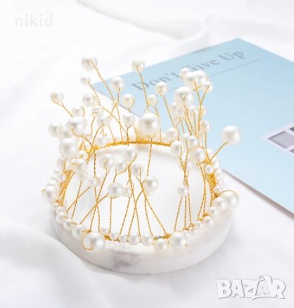 Метален златист обръч корона с перлени перли топер украса декор за торта, снимка 3 - Други - 30720888