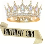 Комплект златиста корона тиара с камъни с лента за рожден ден Birthday girl, снимка 4