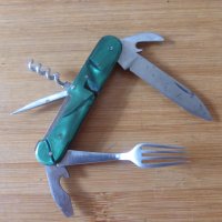 Джобно ножче 6 инструмента с виличка зелено с калъф Буковец, снимка 3 - Антикварни и старинни предмети - 44423146