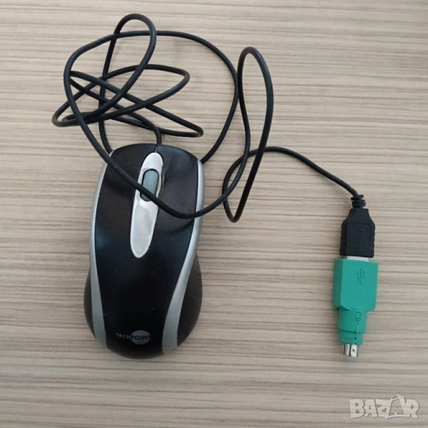 Мишка за компютър с кабел завърващ с USB накрайник(конектор) и със зелен PS/2 адаптер(преходник), снимка 1