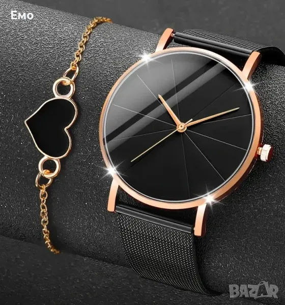 Шикозен комплект от 2 части часовник с голям циферблат
и гривна сърце., снимка 1