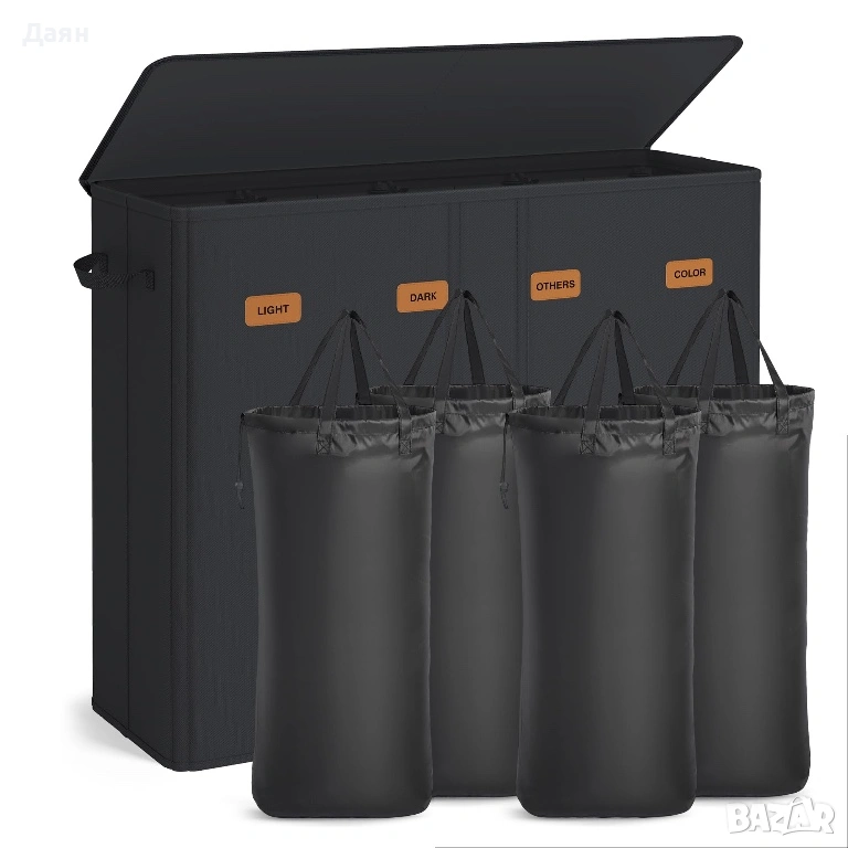 Кош за пране SONGMICS с 4 отделения, 210 л, с капак, 5 етикета, подвижна и переща се вътрешна торба, снимка 1