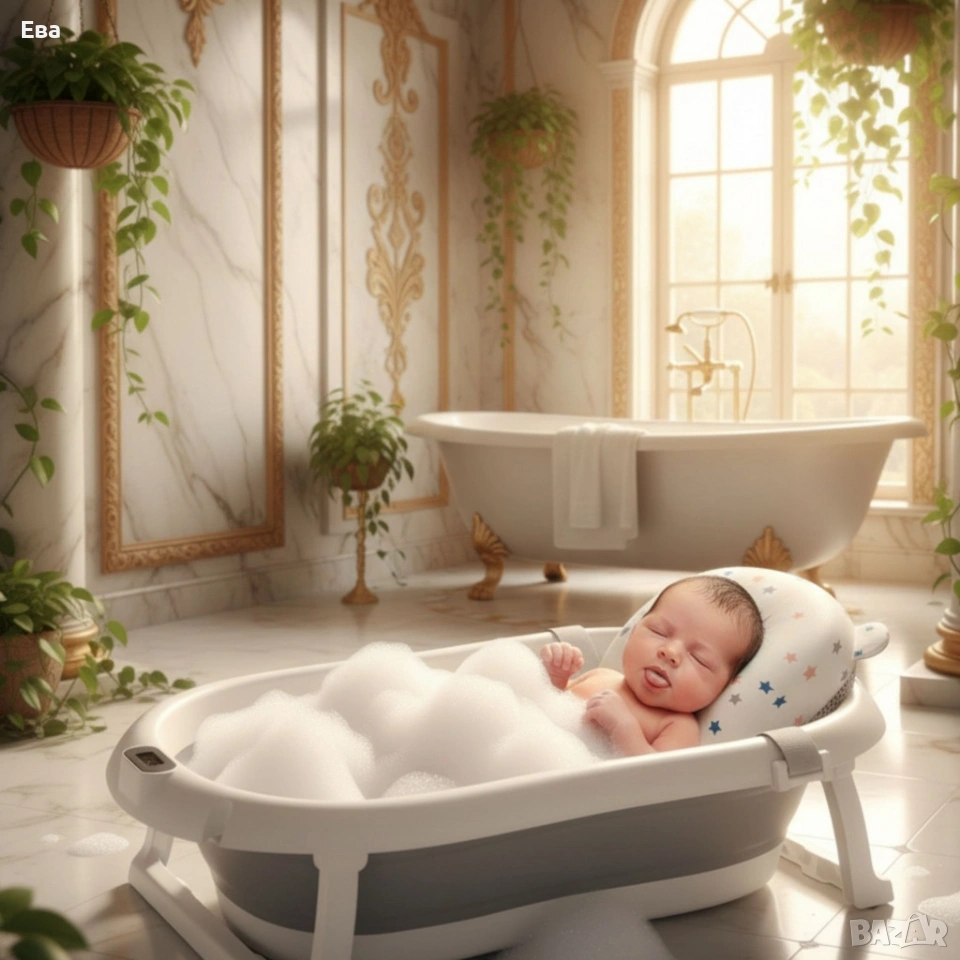 Сгъваема бебешка вана с термометър и възглавница, снимка 1