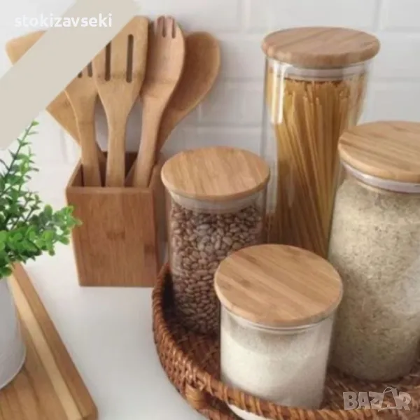 Стъклен буркан с херметичен бамбуков капак – практично решение за съхранение, снимка 1