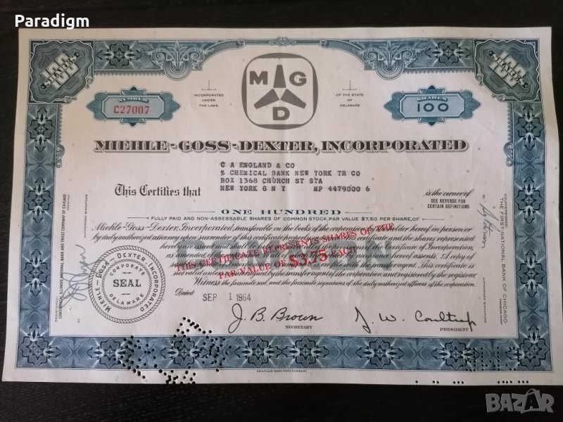 Сертификат за 100 акции (САЩ) | Miehle-Goss-Dexter Inc. (MGD) | 1964г., снимка 1