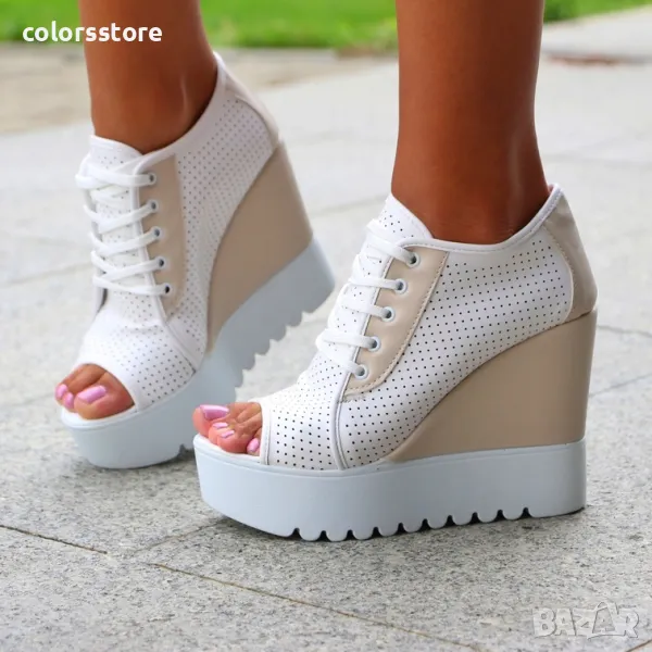 Летни боти на платформа - бяло с бежово - K222, снимка 1