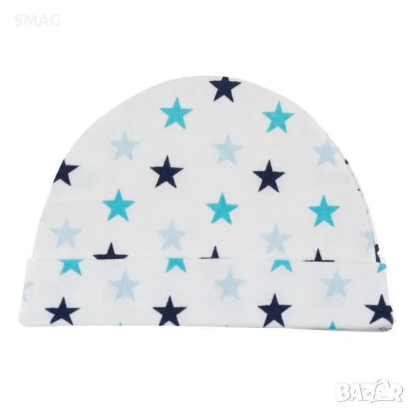 Бебешка памучна шапка бяла светло синя тюркоазено сини звездички 0+ S_1238350, снимка 1
