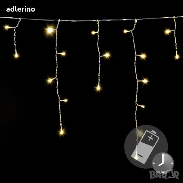 144 LED Леден дъжд, топло бяло, таймер, батерия, Коледна украса, снимка 1