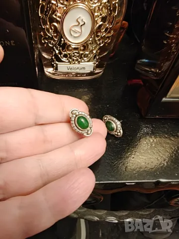 Ретро сребърни обеци с зелен оникс , снимка 2 - Обеци - 48418534