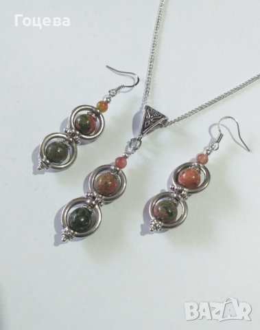 Новият ни Бохо комплект бижута обици и колие с камъни Унакит и Жадеит и орнаменти в цвят Сребро , снимка 5 - Бижутерийни комплекти - 38194741
