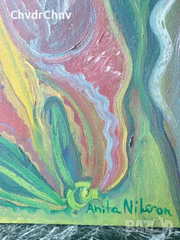 Anita Nilson 61х51см наивизъм/шведска абстрактна картина масло върху платно/женски портрет, снимка 6 - Картини - 50336646