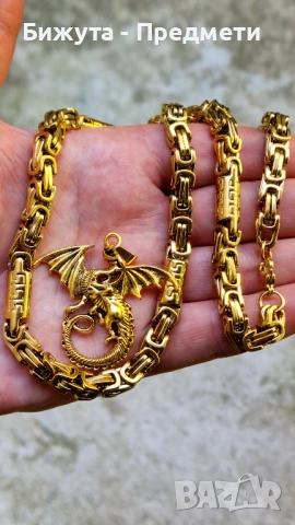 Мъжки дебел ланец с дракон – позлатен | Преглед