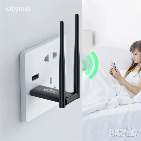 USB безжичен Wi-Fi репитер с две антени, 300Mbps, снимка 3 - Рутери - 51609650