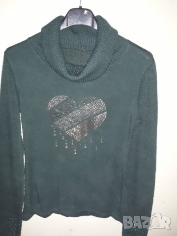 Дамска блуза поло тъмнозелено със сърце, снимка 2 - Блузи с дълъг ръкав и пуловери - 30212655