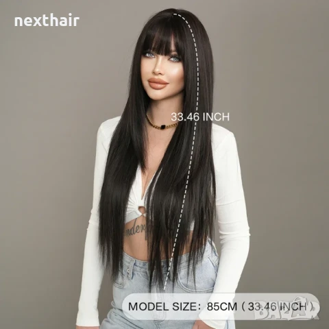 Дълга 80 см тъмно кафява към черна права перука на пластове зигзаг път, снимка 11 - Аксесоари за коса - 50939093