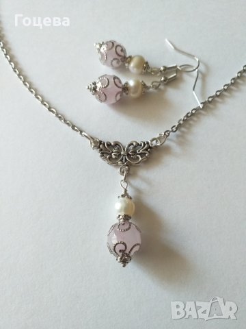 Прелестно нежен комплект с истински перли и камъни Розов кварц - камъкът на Любовта !, снимка 2 - Бижутерийни комплекти - 31998356