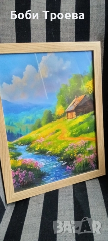 Стилна сцена за стенна декорация - с рамка, с живописен пейзаж с рустична къща и планини