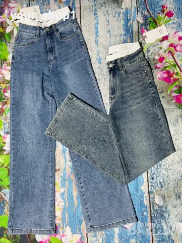 2 цвята Дамски дънки Чарлстон с ефектен бял ластик при талията широк крачол  