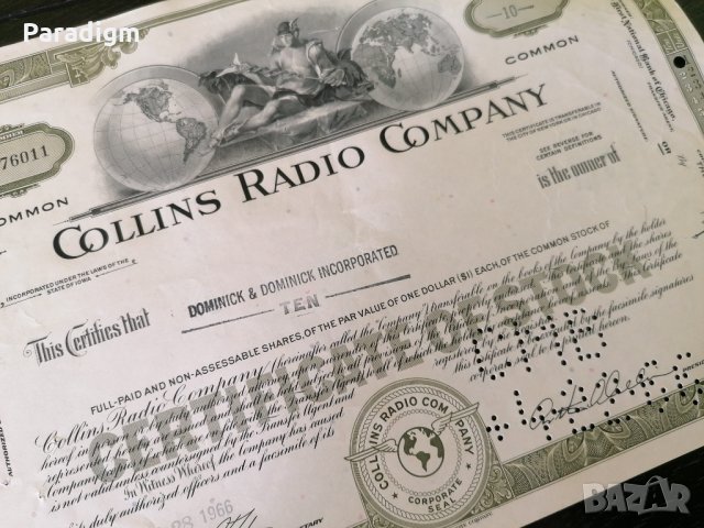 Сертификат за притежание на 10 акции (САЩ) | Collins Radio Company | 1966г., снимка 2 - Други ценни предмети - 34876413