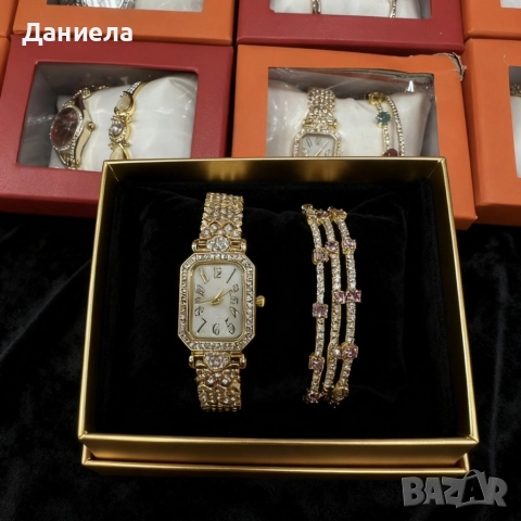 Луксозен дамски комплект: часовник и гривни в златист цвят, снимка 5 - Дамски - 52566741