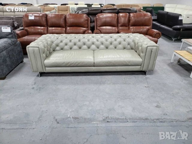 Голям сив кожен диван Честърфийлд - естествена кожа, снимка 6 - Дивани и мека мебел - 39718256