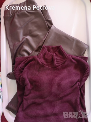 Комплект от Клин от екокожа и Поло от релефен трикотаж с къс ръкав, снимка 8 - Комплекти - 52052359