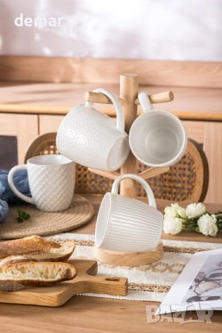 Комплект от 4 релефни керамични чаши с дръжки, 400 мл, снимка 4 - Чаши - 54117809