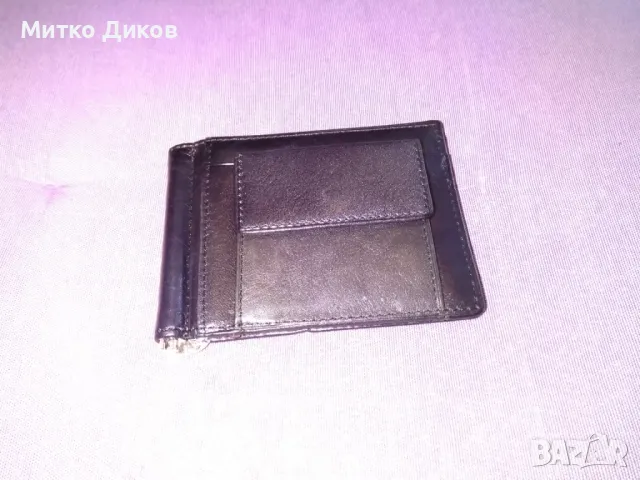 Щипка за пари с джоб за стотинки и 6 визитки нова компактна естеств.кожа 110х85мм