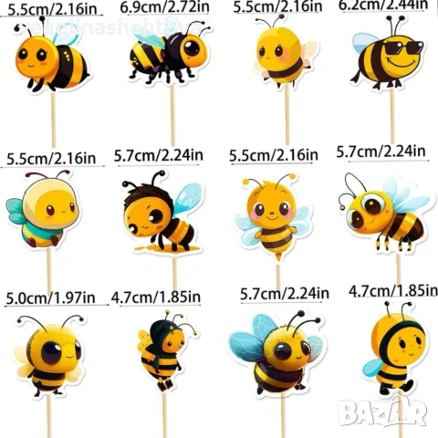 12 броя пчели пчелички картонени топери за декорация на торта мъфини, снимка 2 - Други - 54129947