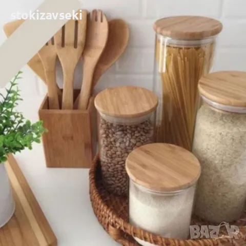 Стъклен буркан с херметичен бамбуков капак – практично решение за съхранение, снимка 1