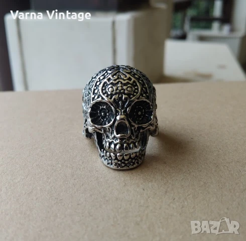 Брутален масивен мъжки пръстен Череп с шарки., снимка 7 - Пръстени - 51415790