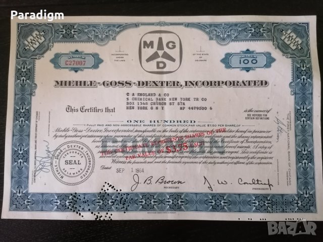 Сертификат за 100 акции (САЩ) | Miehle-Goss-Dexter Inc. (MGD) | 1964г.