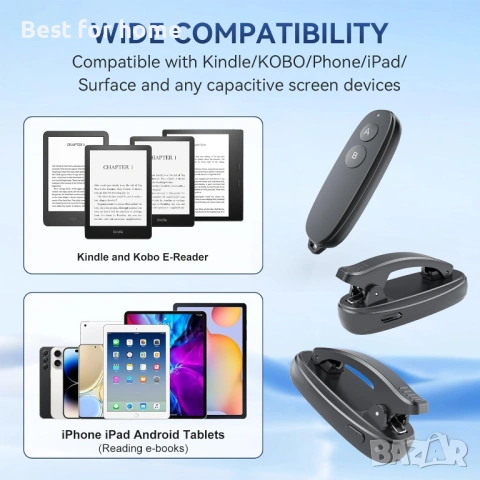 UBUYUONE RF Дистанционно за прелистване на страници (2 клипса) – за Kindle, iPad, Kobo и Таблети, снимка 2 - Селфи стикове, аксесоари - 53211738
