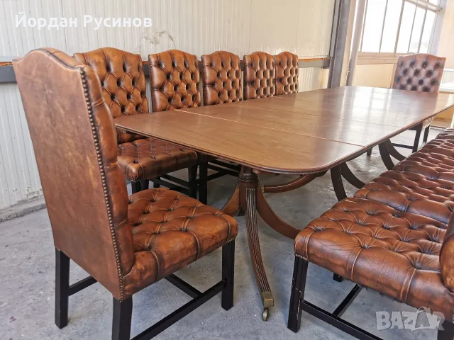 Оригинален луксозен комплект 12 Chesterfield стола с маса от махагон, снимка 4 - Столове - 52389880