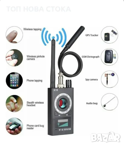 Детектор K18, професионален, антишпионски, за GPS локатори, скрити камери и микрофони, черен, снимка 4 - Камери - 56201765