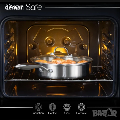 Тиган от неръждаема стомана nuovva със стъклен капак – индукционен котлон, незалепващ тиган – 28 см, снимка 4 - Съдове за готвене - 51168361