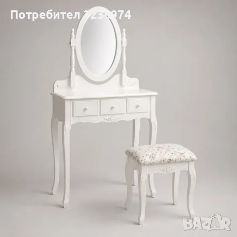 Бяла козметична тоалетка с овално огледало и табуретка