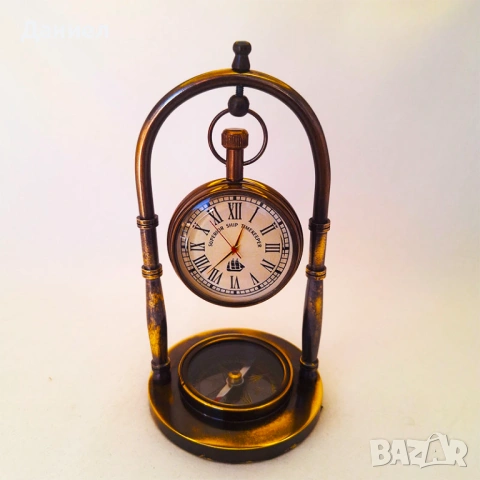 Настолен бронзов часовник с компас – ретро подарък и сувенир