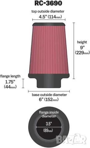 Конусен филтър К&N 89мм, снимка 2 - Аксесоари и консумативи - 49639407