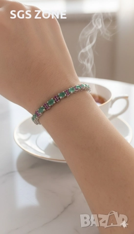 Ръчно изработена сребърна гривна със зелен СМАРАГД и Рубини , снимка 5 - Гривни - 52605672