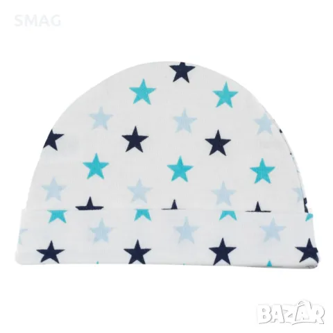 Бебешка памучна шапка бяла светло синя тюркоазено сини звездички 0+ S_1238350