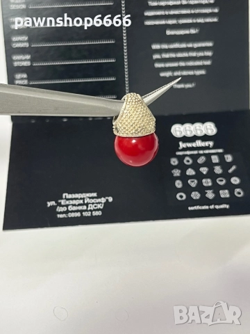 Сребърна висулка с марказити и червен имитационен камък, снимка 6 - Колиета, медальони, синджири - 52663055