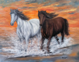 Морски залез и коне маслена картина , снимка 1 - Картини - 44744202